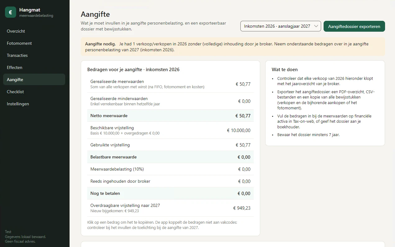 Het aangiftescherm met gerealiseerde meerwaarden, vrijstelling, belastbare meerwaarde en overdraagbare vrijstelling.
