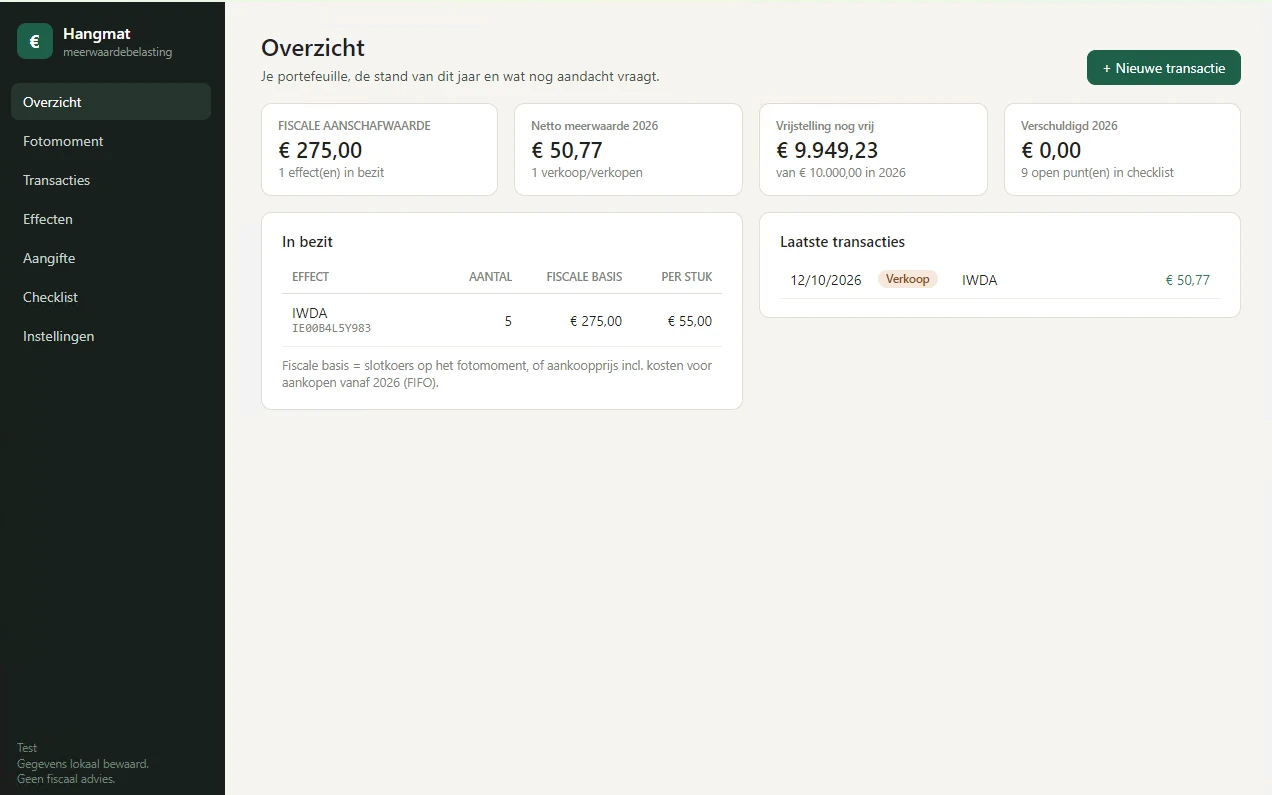 Het overzichtsscherm van Hangmat met fiscale aanschafwaarde, netto meerwaarde, resterende vrijstelling en de effecten in bezit.